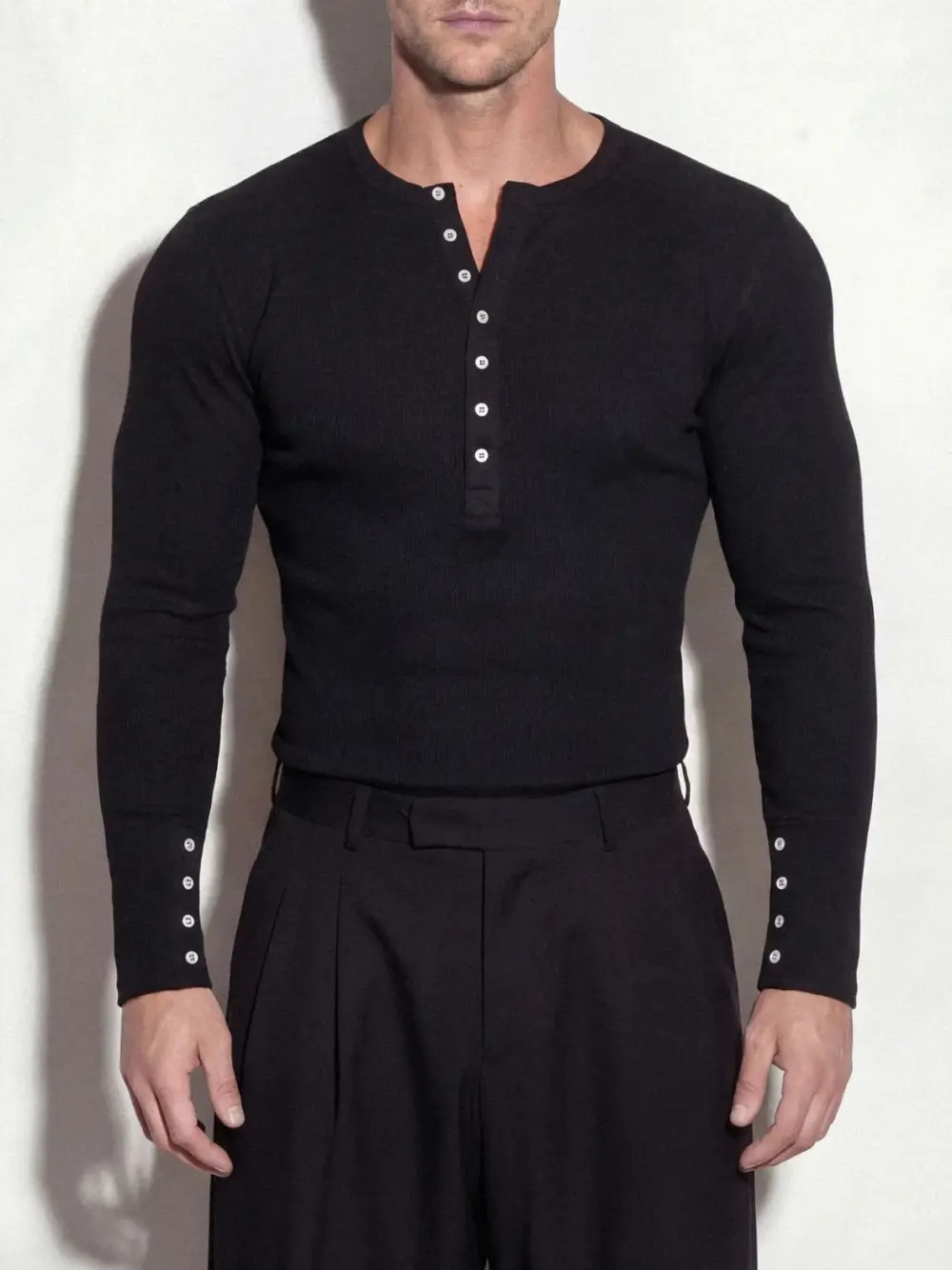 Black Henley Neck Ribbed Slim Fit Long Sleeve Knit