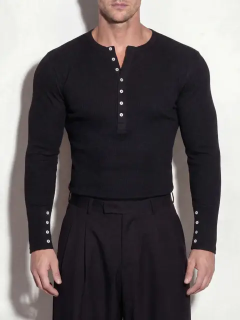 Black Henley Neck Ribbed Slim Fit Long Sleeve Knit
