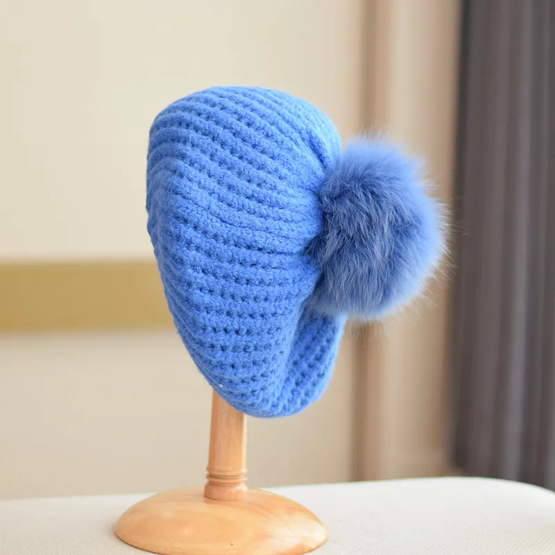 Japan Fox Fur Ball Thickened Warm Beret - Blue