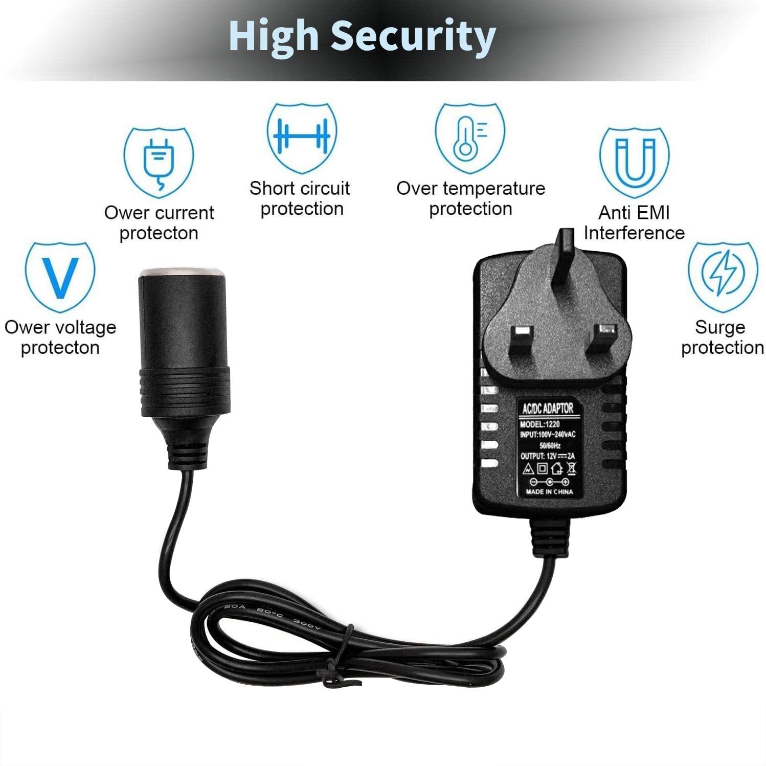 Cigarette Lighter Socket 240V Mains Plug To 12V Car Charger Power Adapter 20 W