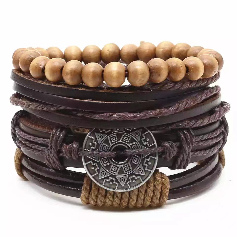 Card Punk Hardware Woven Bracelet Leather Bracelet Multi-layer Set Cross Vintage Ornament Men's