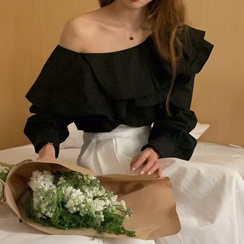 Elegant Irregular Slash Collar Stitching Double Layer Blouse