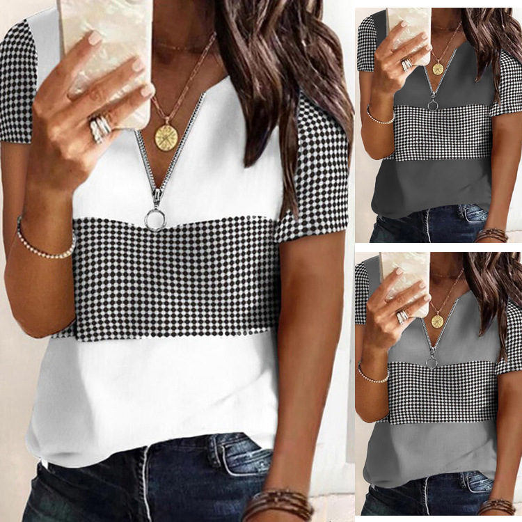 Stitching Check V-neck Zipper Neckline Short Sleeve T-Shirt Women