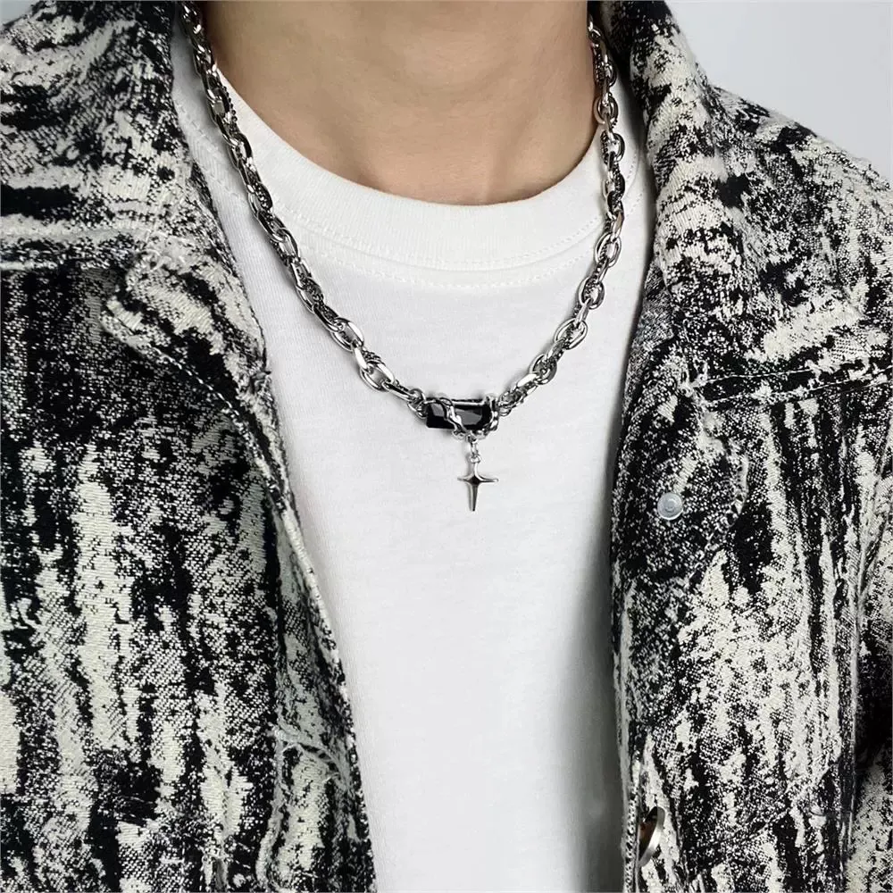 1pcs Mixed Link Chain Black Rectangle Stone Star Cross Pendant Necklace, Dark Cool Aesthetic Style, For Men Women Daily Party Wear & Couple Valentine Gifts