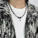 1pcs Mixed Link Chain Black Rectangle Stone Star Cross Pendant Necklace, Dark Cool Aesthetic Style, For Men Women Daily Party Wear & Couple Valentine Gifts view 4