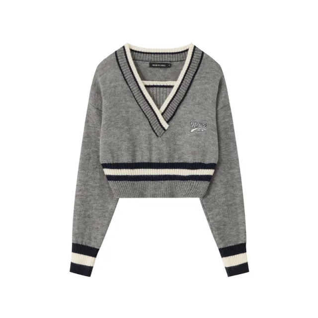 Two Color Contrast V Neck Sweaters Grey - Shop at LoveMi