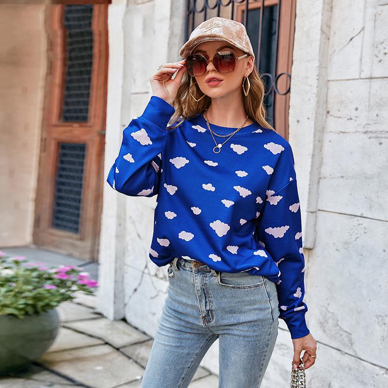 Title 4, Printed Round Neck Long Sleeve Fashion Blue Wom...