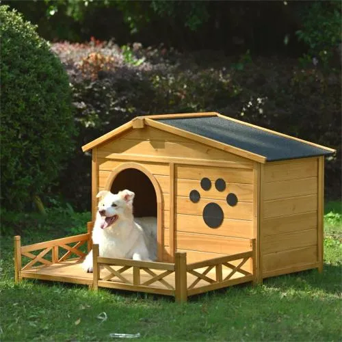 48 Wooden Dog House Outdoor With Porch, Dog Kennel With Water-Resistant Asphalt Roof And Fencing,Indoor & Outdoor Dog Crate With Paw Print, Medium,...