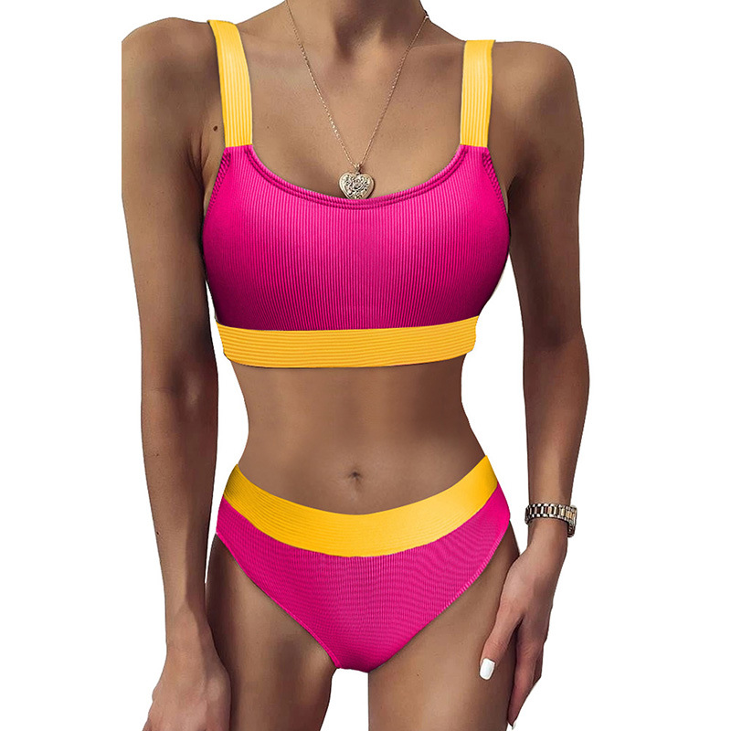 Title 3, High Waist Pit Strip Stitching Split Swimsuit W...