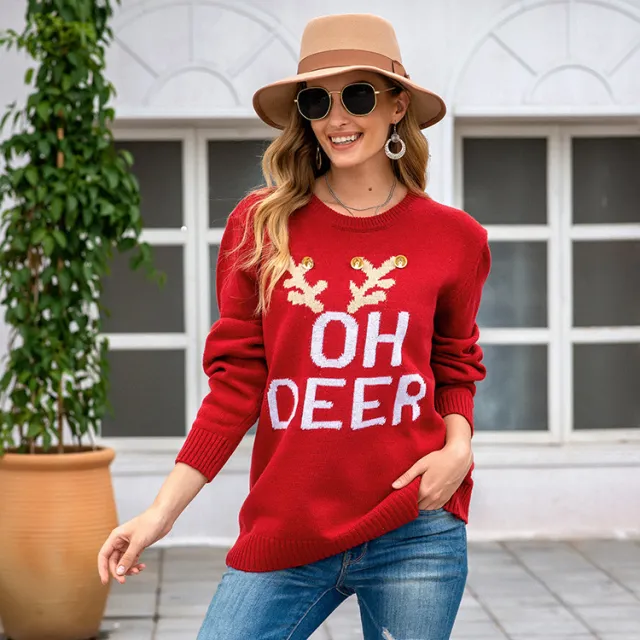 Autumn And Winter Women's Christmas Long Sleeved Pullover Red - Shop at LoveMi