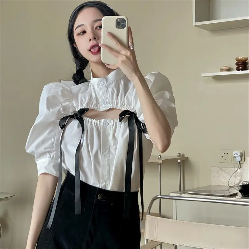 White Shirt Puff Sleeve Slim Slimming Short-sleeved