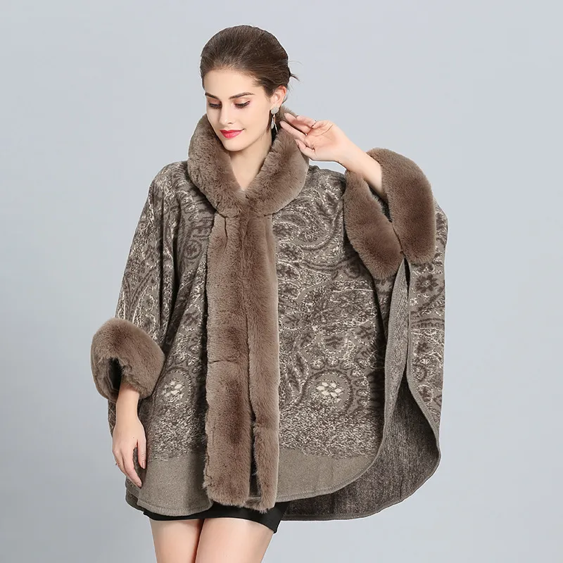 Autumn And Winter Hooded Shawl Cloak Fox Fur Collar All-match Woolen Coat - Khaki