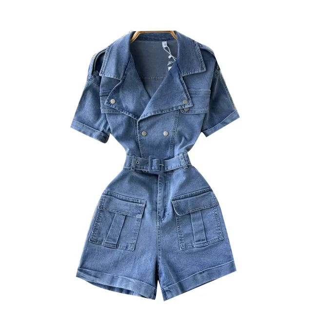 Suit Collar Short Sleeve Casual Wide Leg Cargo Shorts Jumpsuit Blue - Shop at LoveMi