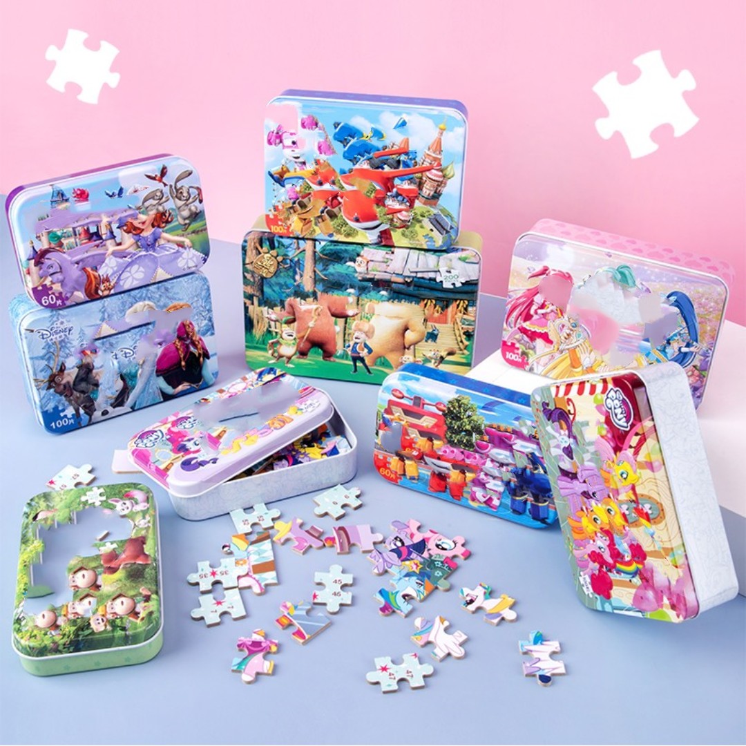 100pcs Puzzle Iron Box Children's Puzzle Cartoon Wooden Toys
