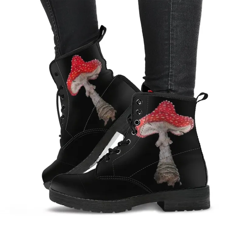 European And American Personality 3D Tuya Mushroom Pattern Lace-up Martin Boots - Black