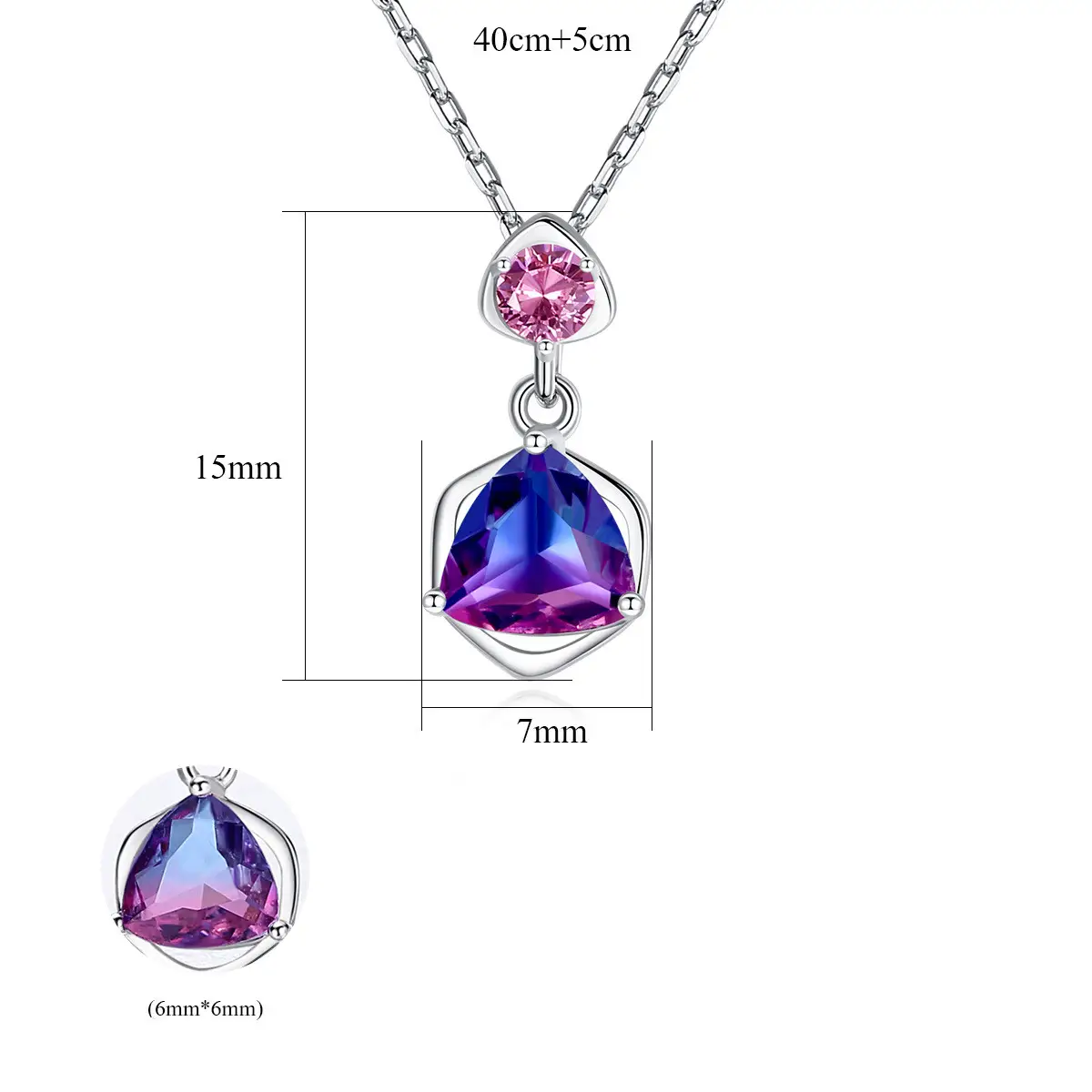 Silver Pendant Necklace Women Fashion Triangle Rainbow Stone
