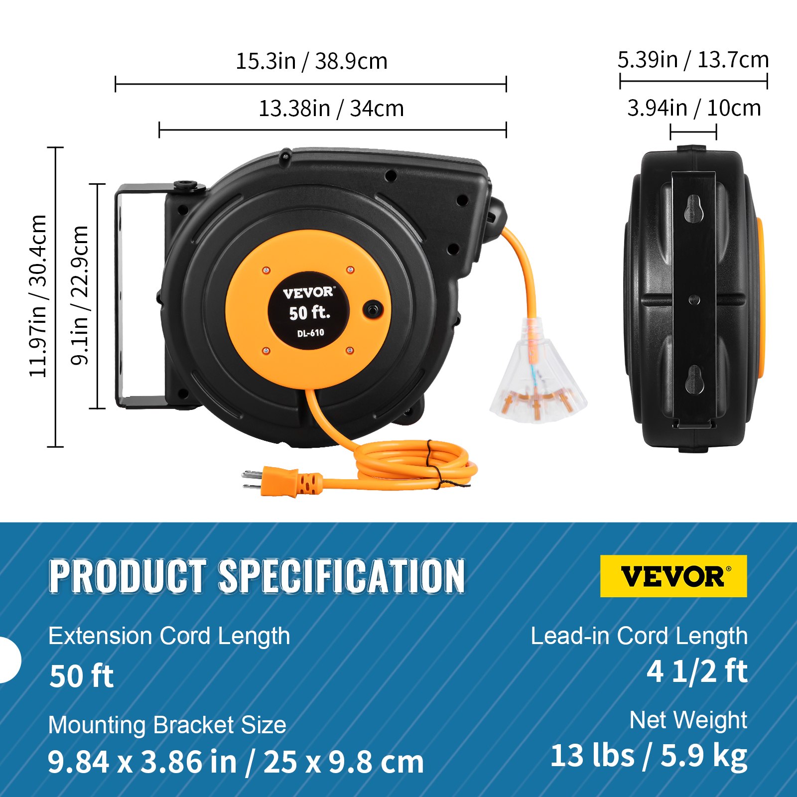 VEVOR 50ft Retractable Extension Cord Reel 14AWG 3CSJTOW Power Cord Reel image 3