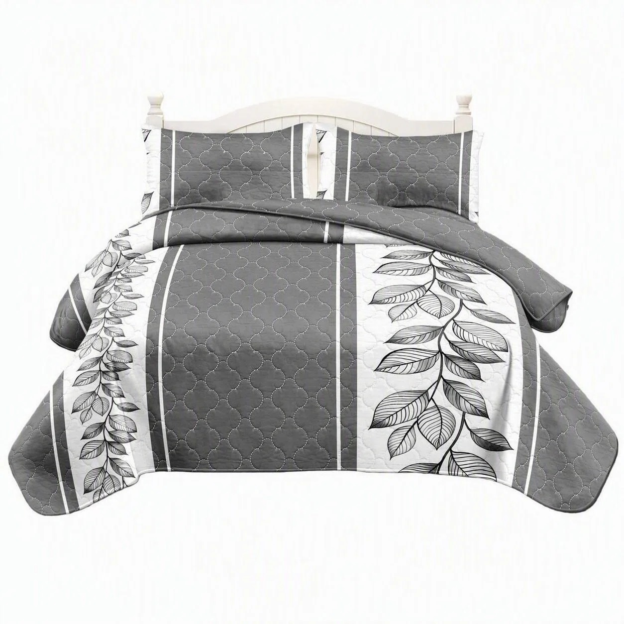 3-Piece Gray And White Stripe Quilted Bedspread Set For King And California King