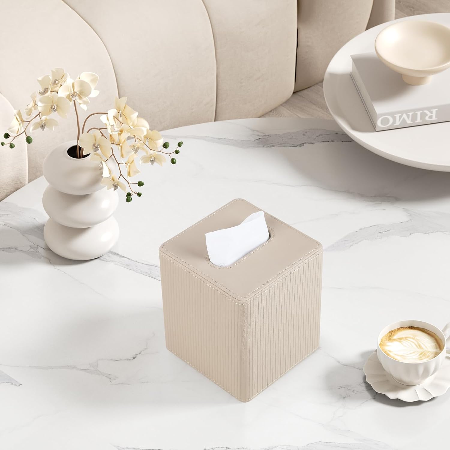 PU Leather Square Tissue Box Cover, Beige Cube Tissue Holder And Napkin Dispenser For Home, Office, Bathroom And Car