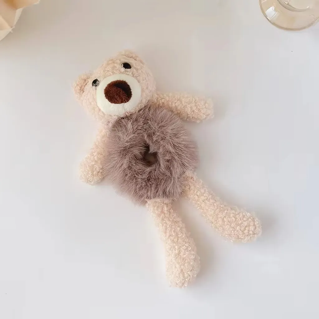 Girls Lovely Scrunchies Cute Bear Hair Band Rabbit Fur Hair Rope Soft Warm Rubber Band Pretty Hair Accessories - Beige