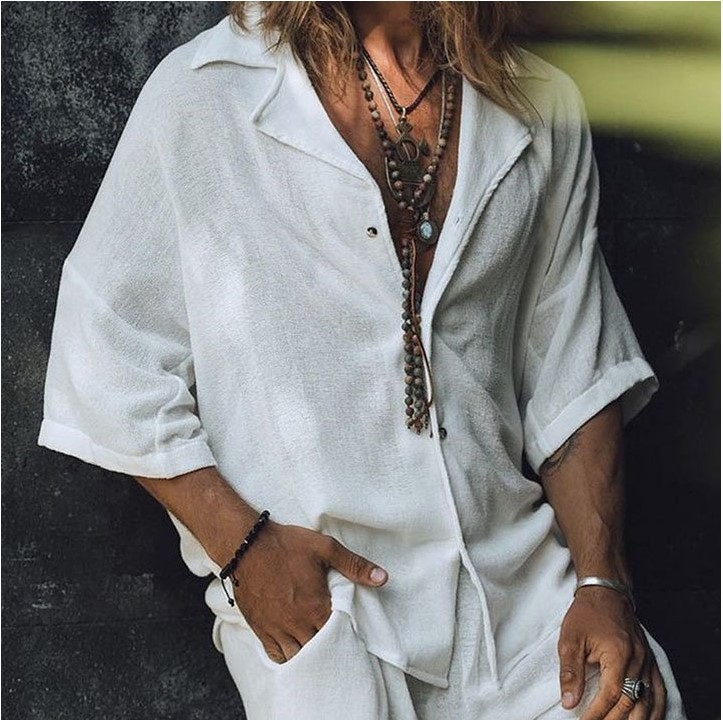 Men's Cotton Linen Casual Pocket Mid Sleeve Beach T-Shirt Shirt