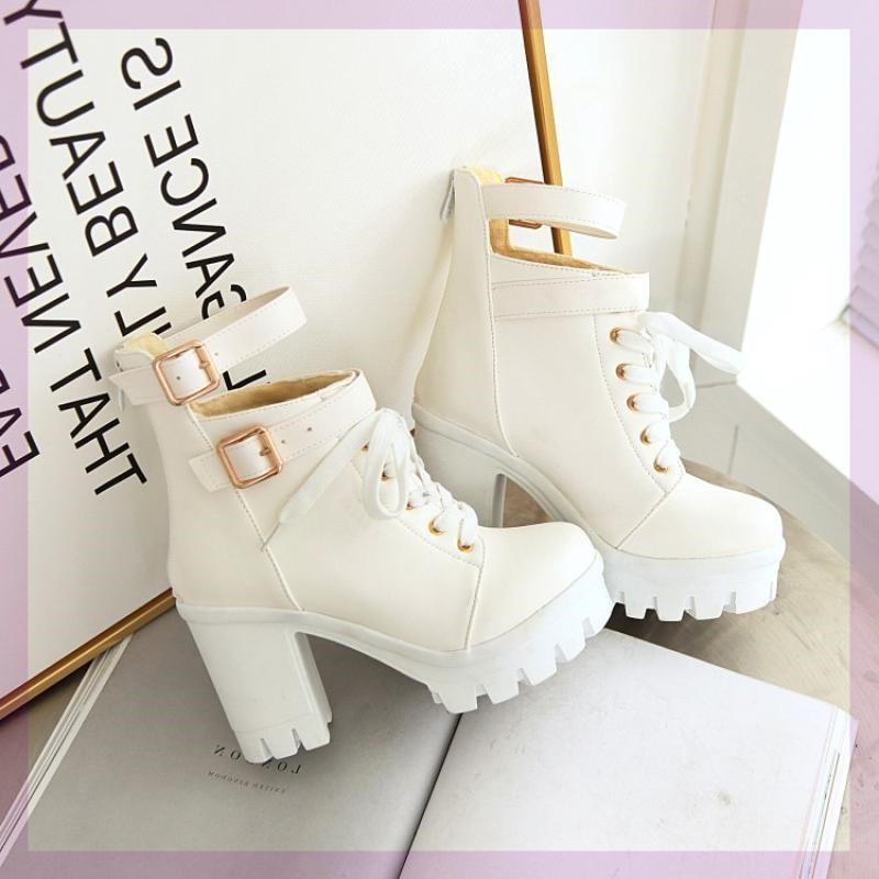Women's Plus Velvet Handsome Lace up Platform Martin Boots White - Shop at LoveMi