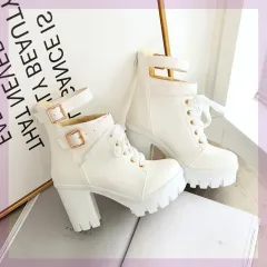 Women's Plus Velvet Handsome Lace-up Platform Martin Boots - White - View 1
