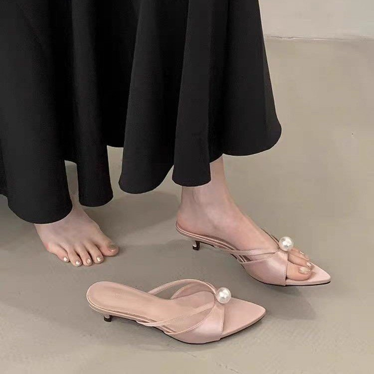 Women's French Style Pearl Embellished Pointed Toe High Heel Mules, Thin Heel Slip-On Slides, New Spring & Summer 2025 Collection, Elegant Daily Wear