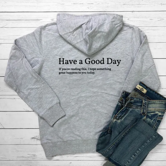 Minimalist Have A Good Day Printed Back Casual Hooded Pocket Sweater Grey - Shop at LoveMi