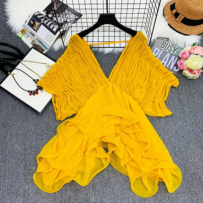 Irregular Wavy Side Bat Sleeve Sweet Chiffon Shirt Fashionable Thin And Elegant V-neck Blouse