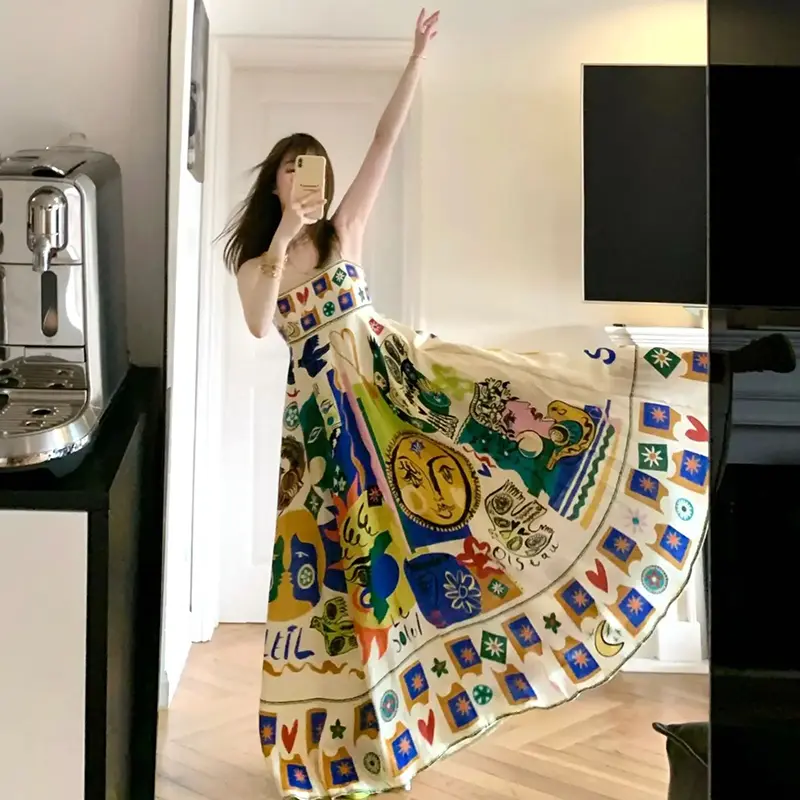 Women's Retro Ethnic Oil Painting Graffiti Print Sling Dress