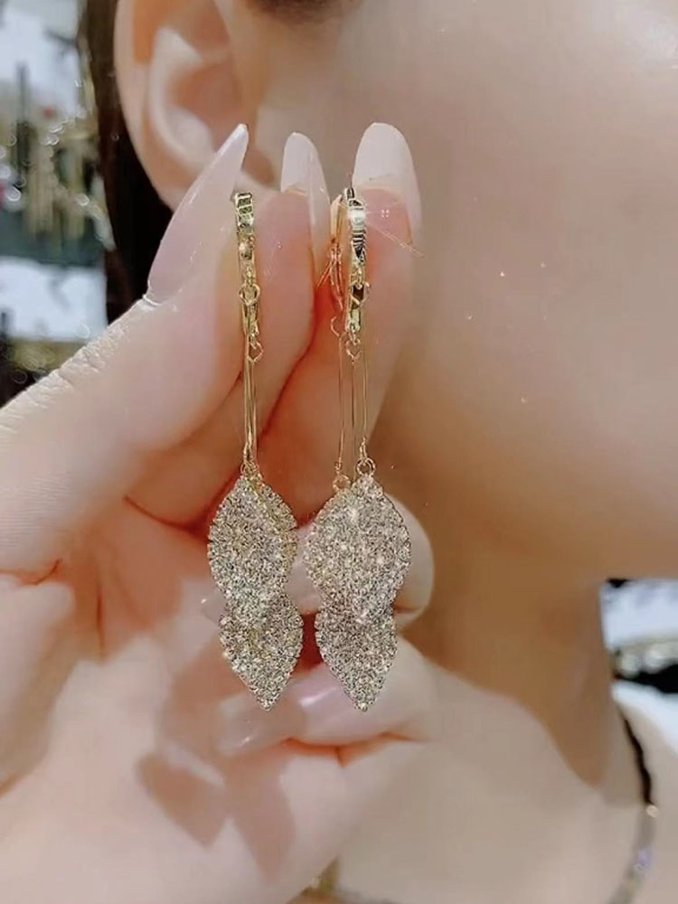New Trendy Style Full Of Diamond Leaves Tassel Earrings Versatile For Women
