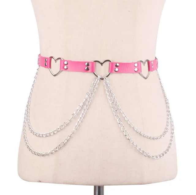 Punk Leather Belt With Heart shaped Metal Trim Rose Red - Shop at LoveMi