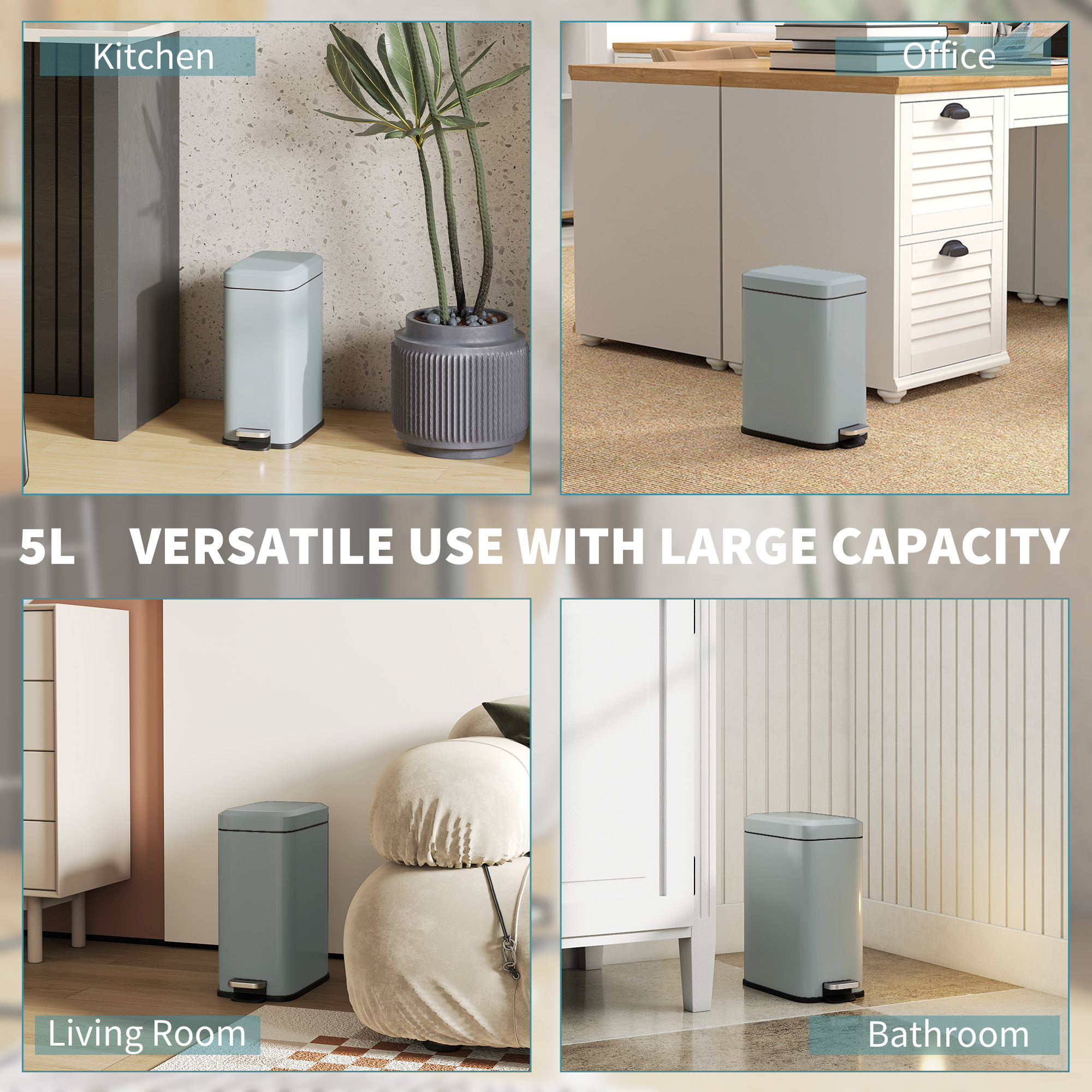 5-liter Rectangular Compact Garbage Bin, Steel Body, Detachable Silent — image 2