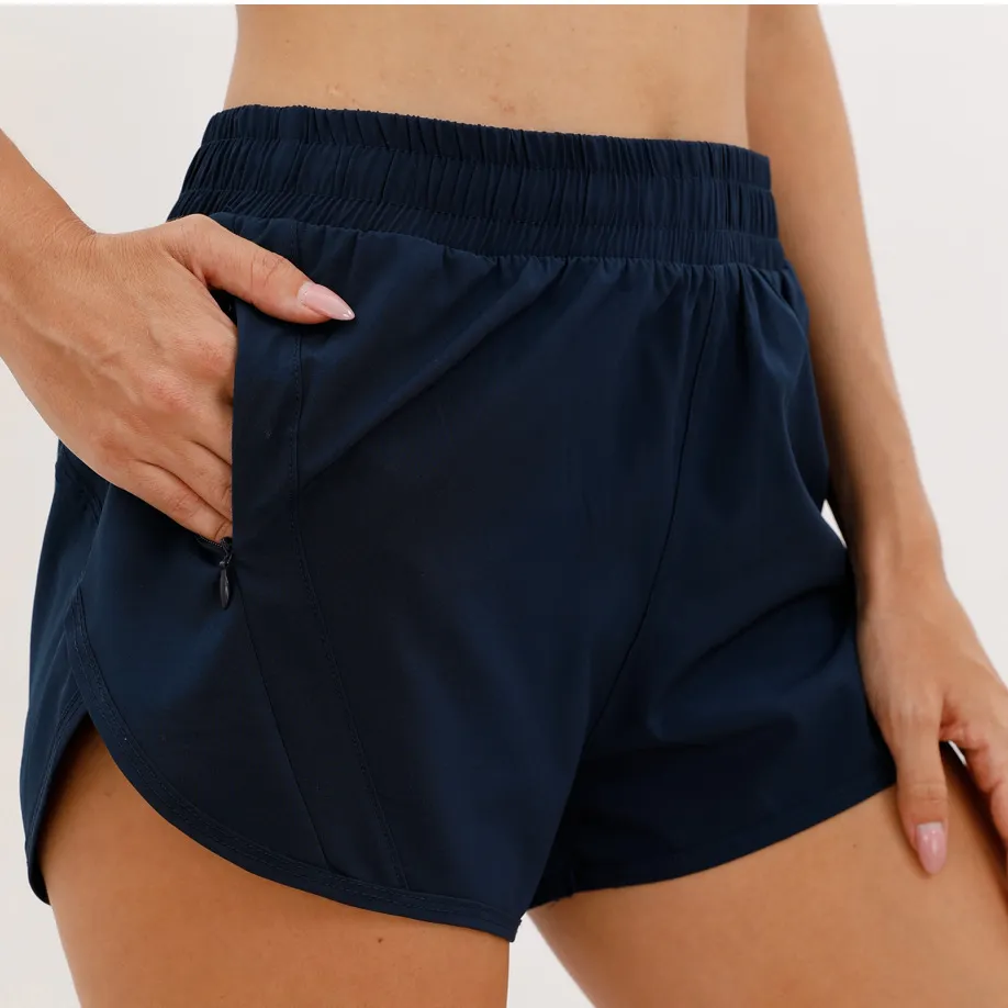 Summer Sports Shorts With Zipper Pockets Breathable Loose Anti-exposure Outdoor Running Fitness Pants For Womens Clothing - Navy