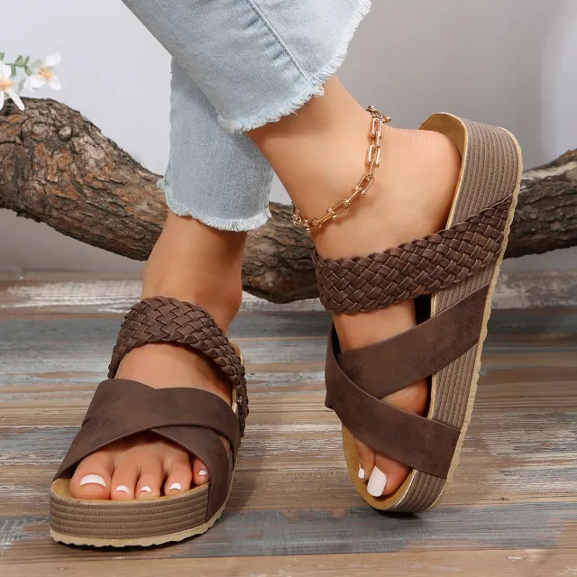 Woven Cross strap Slippers Summer Platform Sandals Women Flat Beach Shoes Brown - Shop at LoveMi