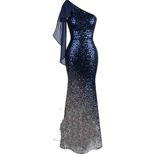 One Shoulder Fishtail Sequin Slim Fit Evening Dress Blue - Shop at LoveMi