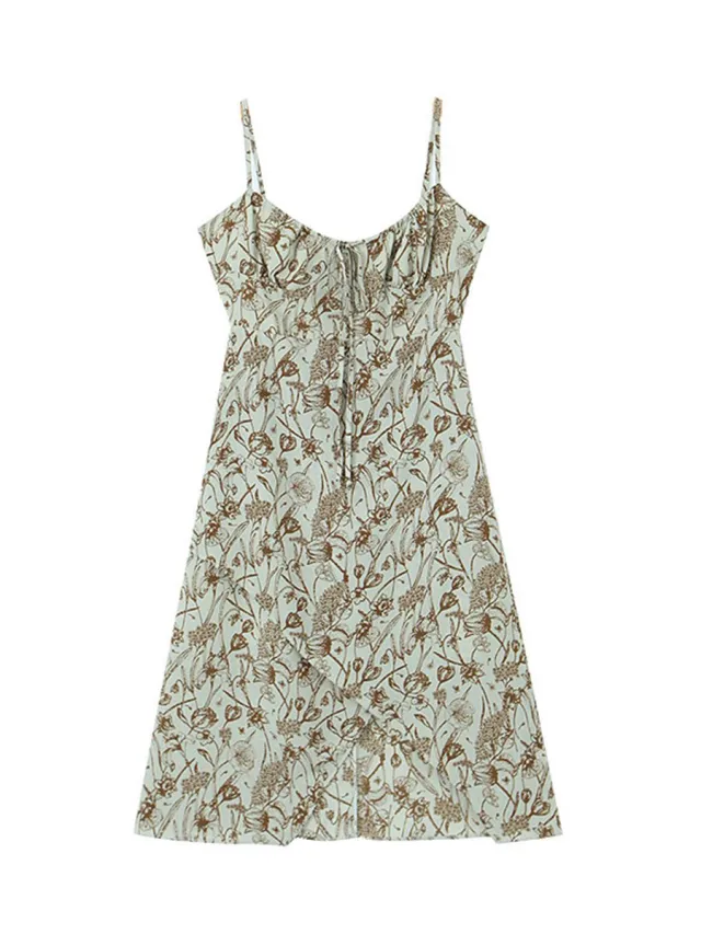 Sweet And Spicy Fragmented Flowers V Neck Waist Strap Dress Dress - Shop at LoveMi
