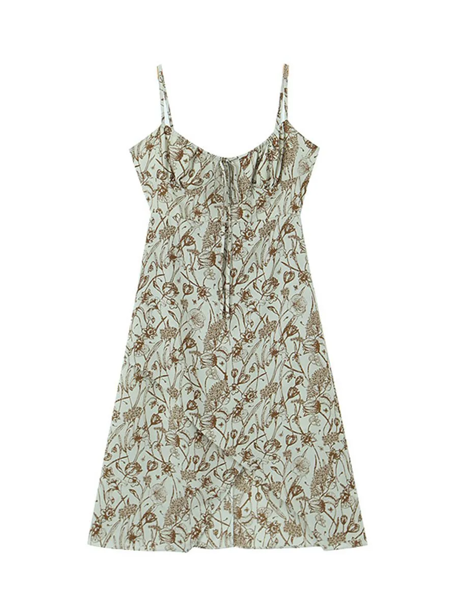 Sweet And Spicy Fragmented Flowers V-Neck Waist Strap Dress - Dress