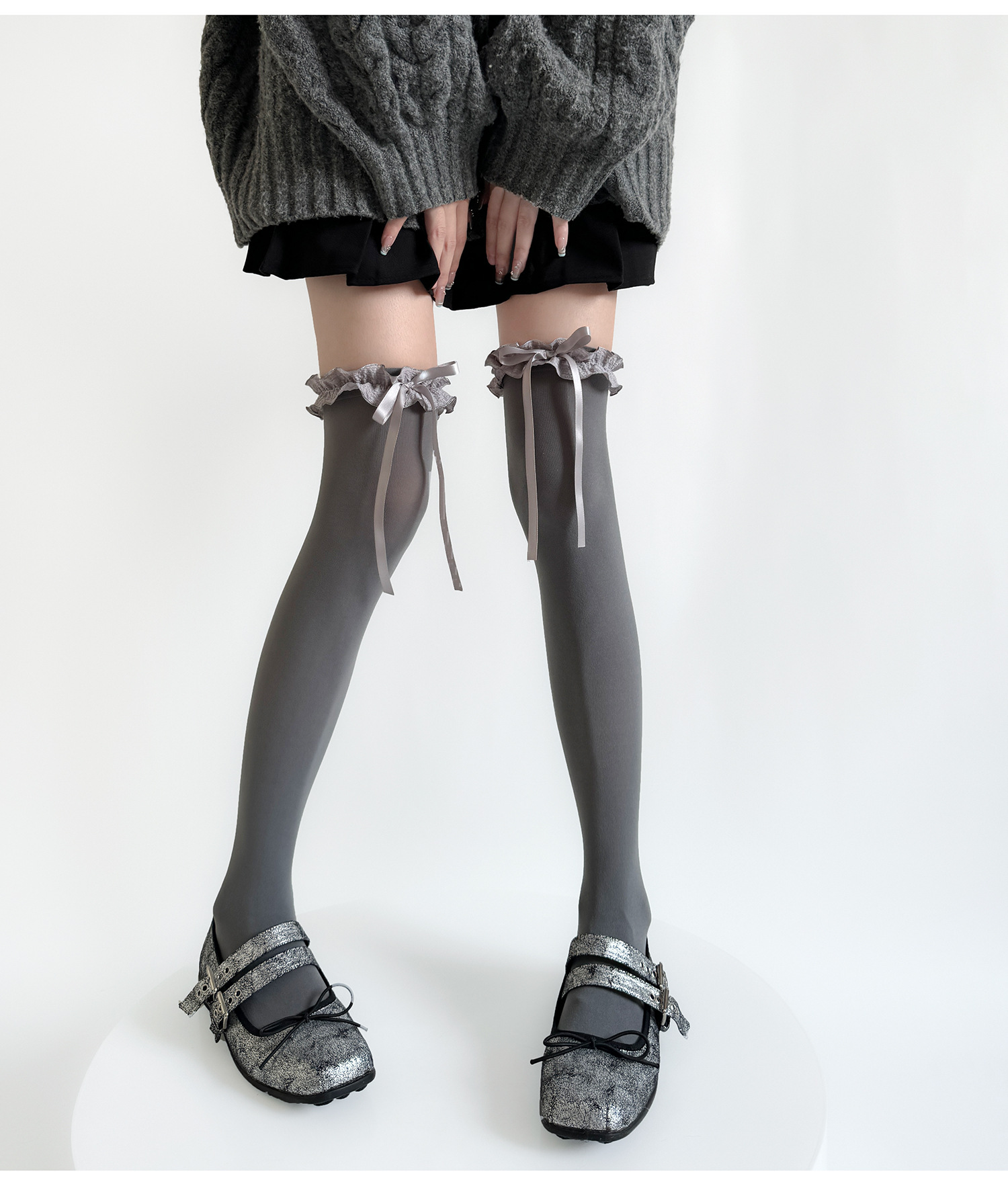 Women's Lolita Milk White Over-the-Knee Socks, Velvet Sweet Lace Bow Long Tube Socks, Grey Calf Socks
