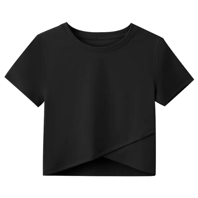 Round Neck Solid Color Irregular Hem Short Sleeves Black - Shop at LoveMi