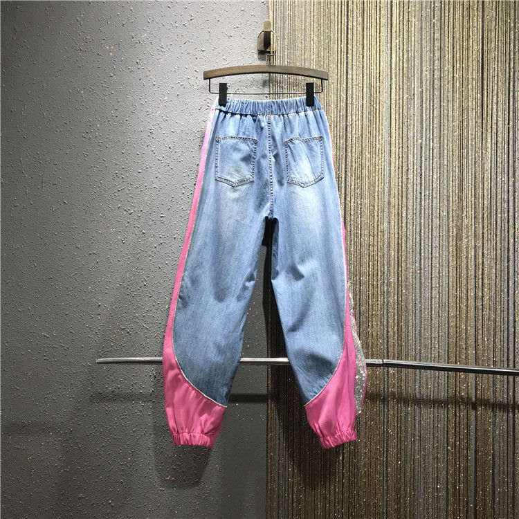 Hot Rhinestone Colorblock Elastic Waist Loose Large Size Thin Harlan Jeans