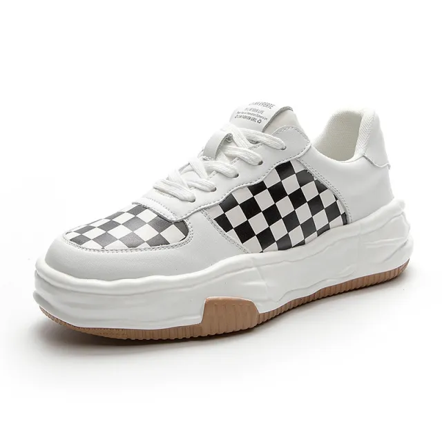 Leather Platform Checkerboard Casual Large Toe Shoes Black - Shop at LoveMi