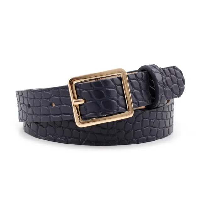Ladies Square Button Jeans Dress Faux Leather Belt Blue - Shop at LoveMi
