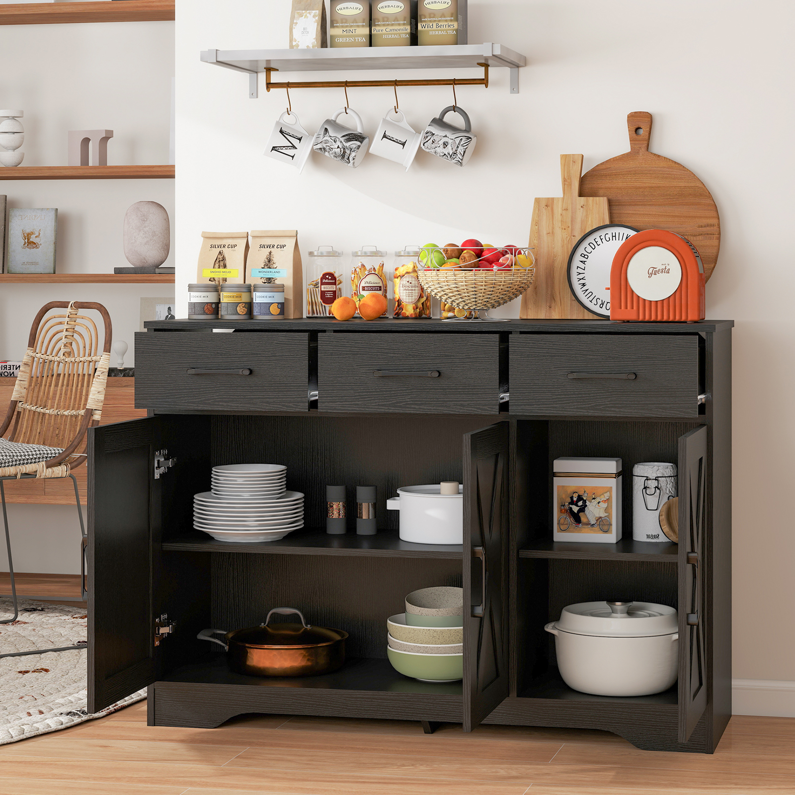 Wooden Sideboard 3 Drawers 3 Doors Entryway Dining Room Console Living Storage — image 2