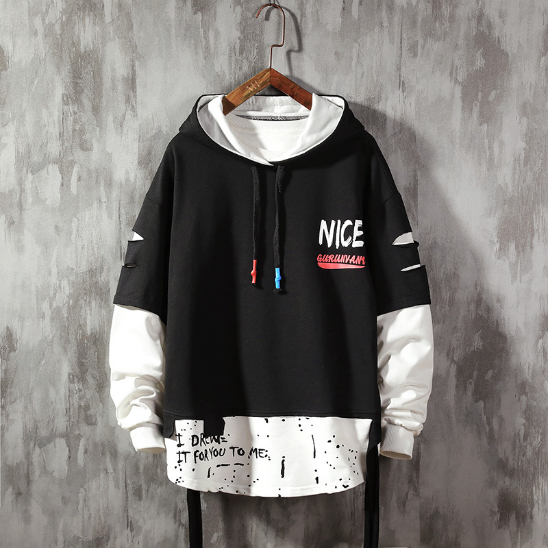 Title 14, Fake Two-Piece Hooded Pullover Long-Sleeved Swe...