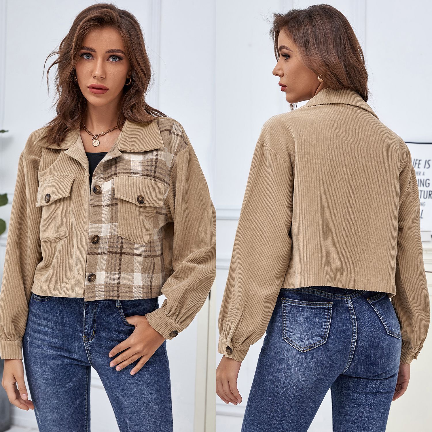 Ladies Autumn And Winter Stitching Plaid Corduroy Jacket