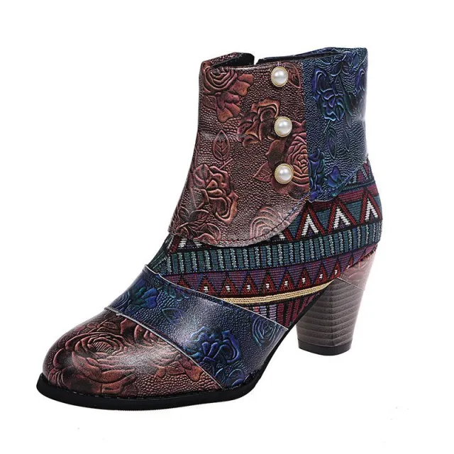 Bohemian Women's Ethnic Style Retro Stitching High heeled Ankle Boots Brown - Shop at LoveMi
