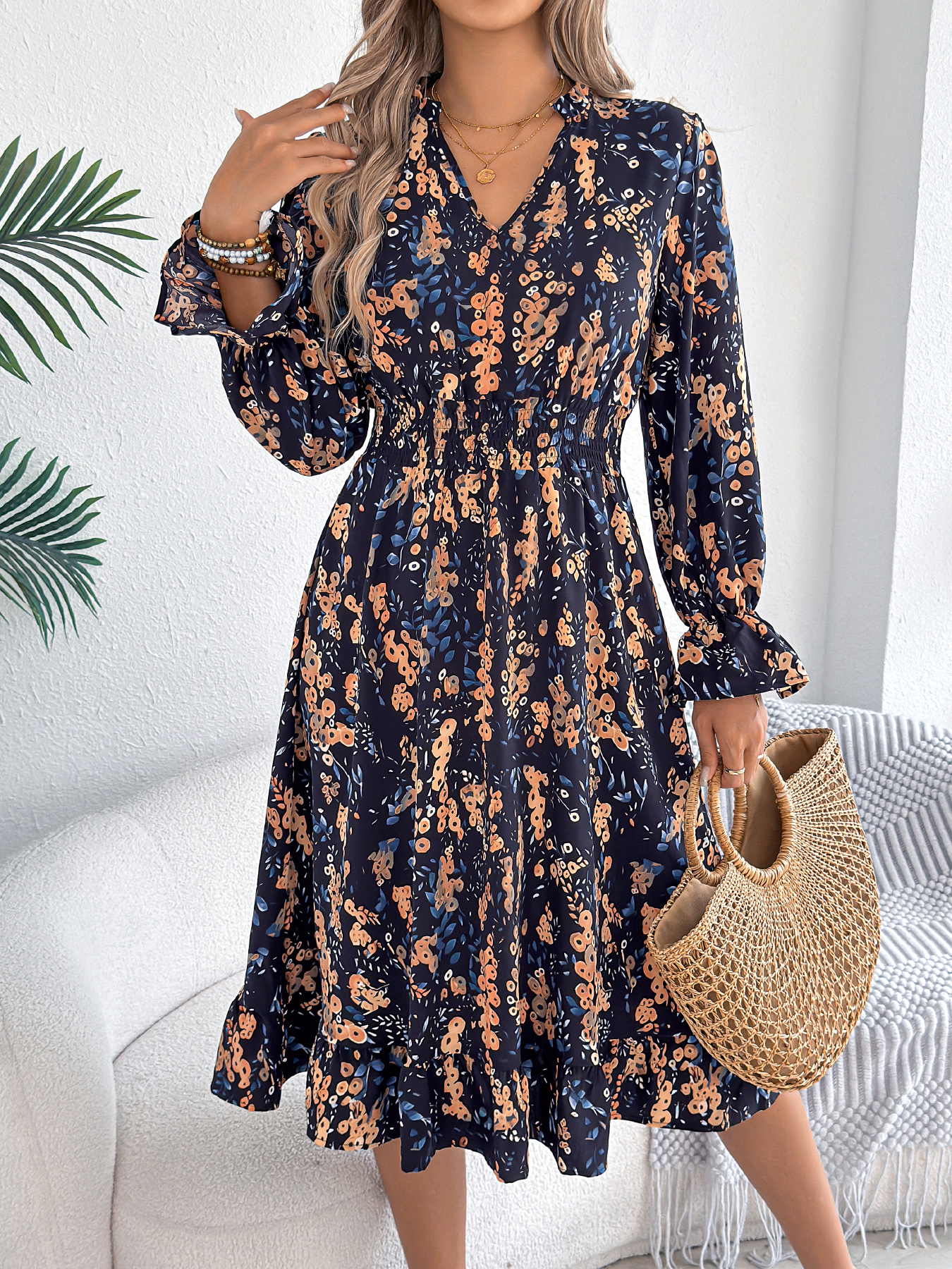 Women’s Casual Floral Print Bell Sleeve Tie Waist A-Line Dress