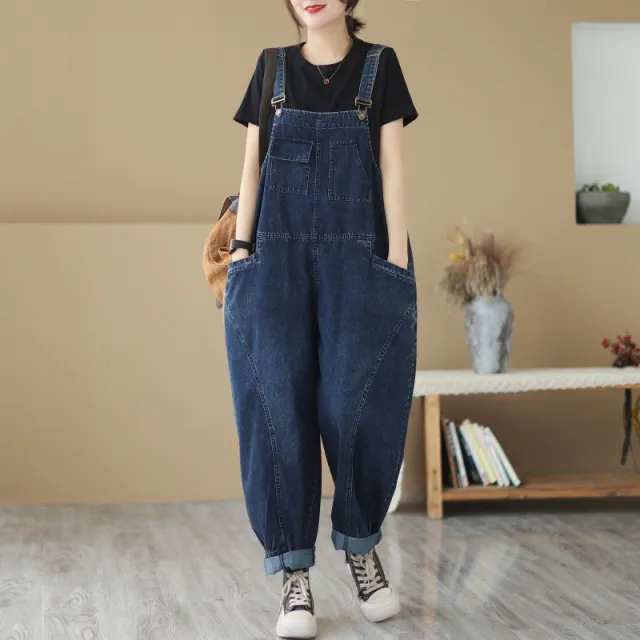 New Real Time Denim Casual Solid Color Strap Pants For Women Navy Blue - Shop at LoveMi